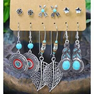 New‎ 6 Pair Silver Turquoise Boho Patina Feather Hoops Dangle Geometric Earrings